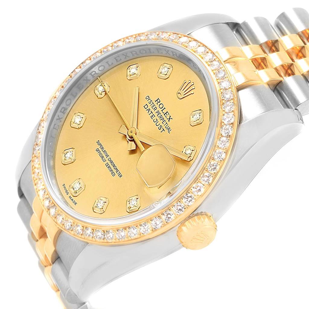 The image shows a Rolex Datejust 116243 Women's Stainless Steel Champagne Dial 116243 Women's Stainless Steel Champagne Dial watch at an angle, highlighting the gold dial, diamond bezel, crown, and two-tone Jubilee bracelet.