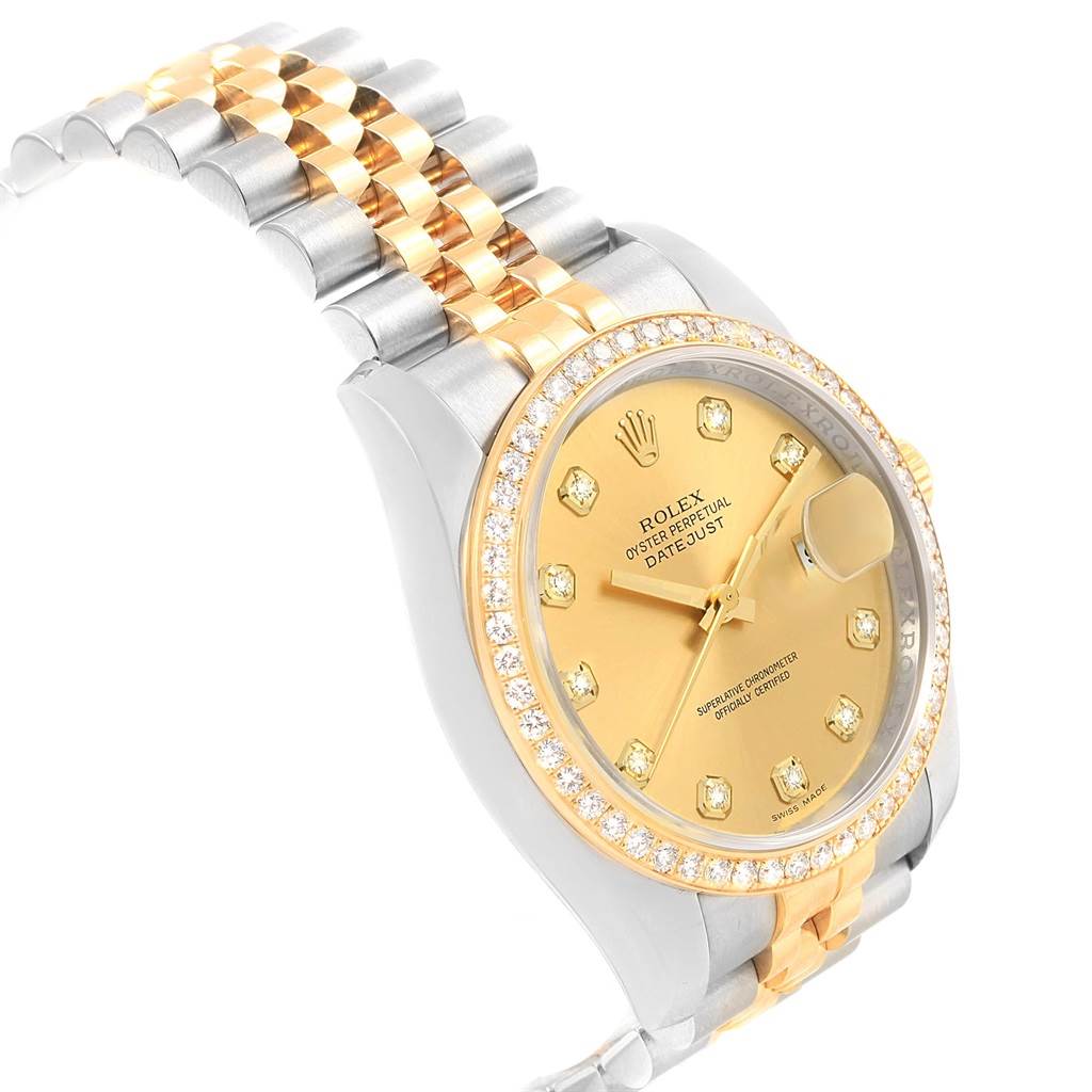 This image shows a Rolex Datejust 116243 Women's Stainless Steel Champagne Dial 116243 Women's Stainless Steel Champagne Dial watch from an oblique angle, highlighting its face, bezel, and two-tone bracelet.
