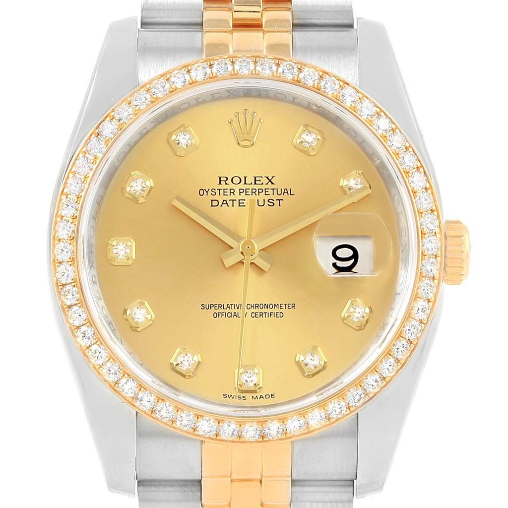 The image shows a Rolex Datejust 116243 Women's Stainless Steel Champagne Dial 116243 Women's Stainless Steel Champagne Dial watch from a top-down angle, focusing on its gold dial, diamond bezel, and gold and silver bracelet.