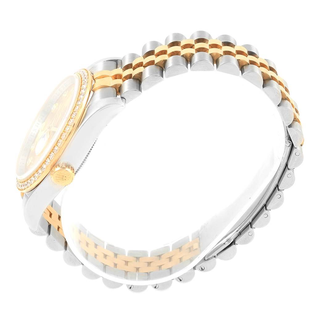 The image shows a Rolex Datejust 116243 Women's Stainless Steel Champagne Dial 116243 Women's Stainless Steel Champagne Dial watch at a side angle, highlighting the bezel, crown, and two-tone Jubilee bracelet.