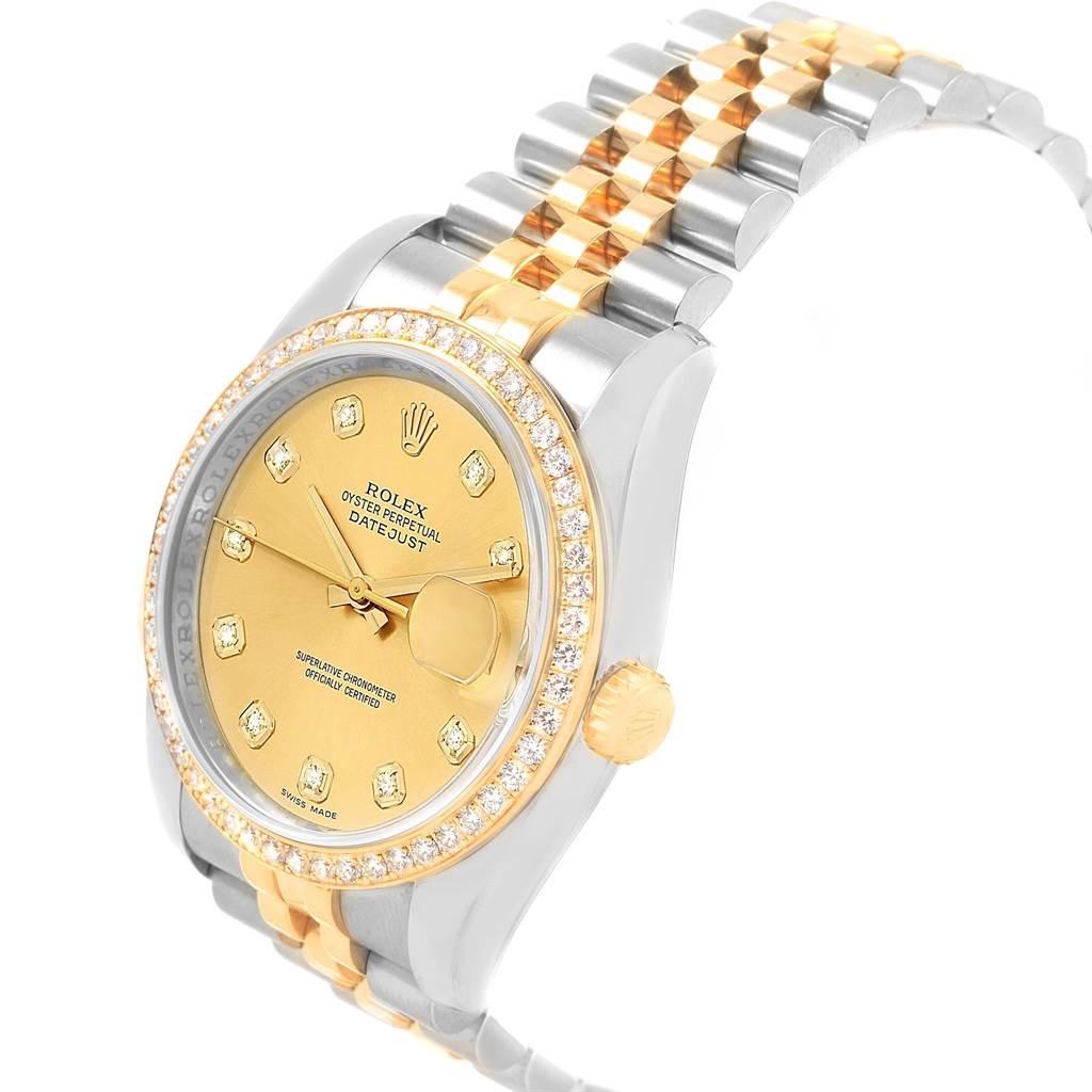The image shows a Rolex Datejust 116243 Women's Stainless Steel Champagne Dial 116243 Women's Stainless Steel Champagne Dial watch angled from the front-left side, highlighting the dial, bezel, and part of the bracelet.