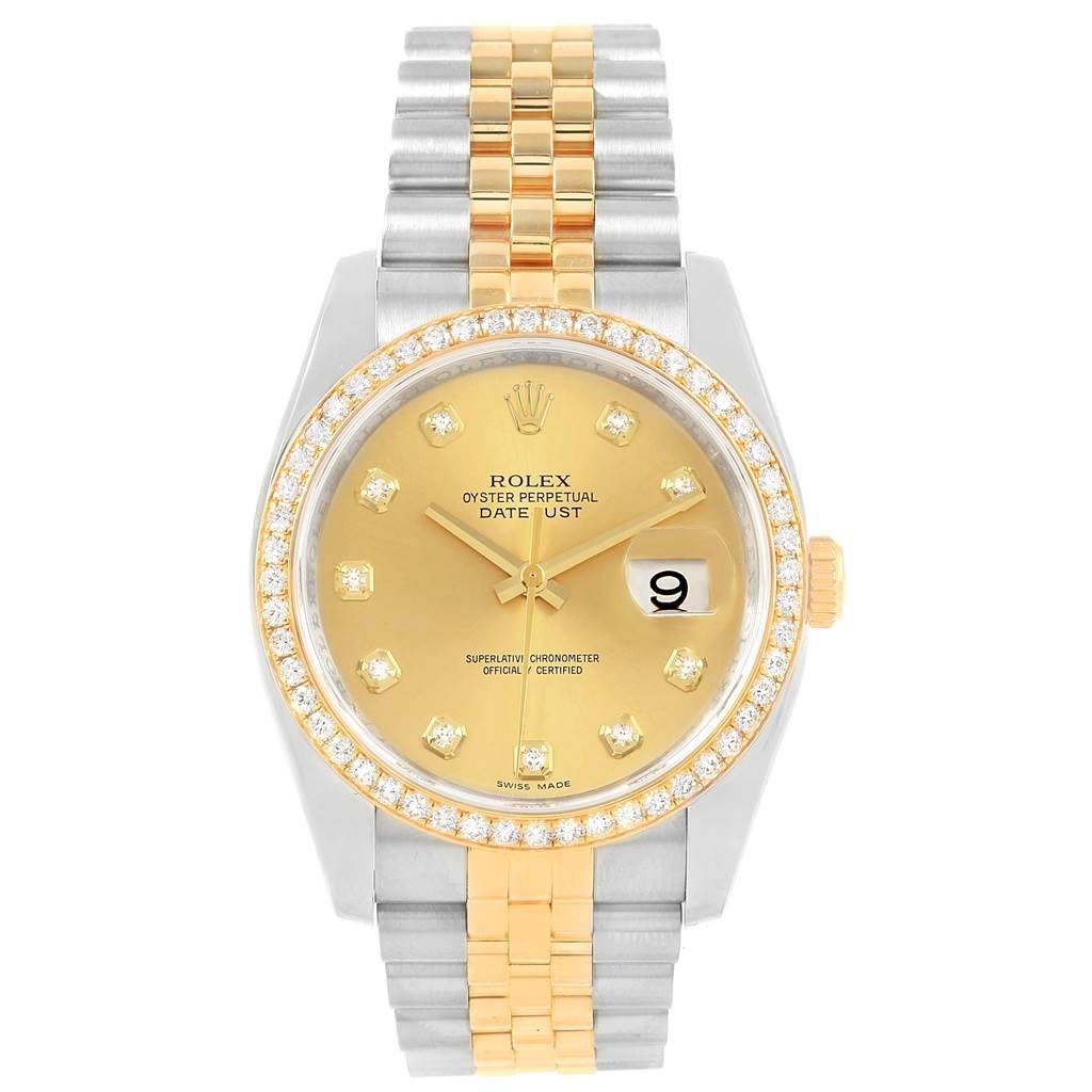 This image shows a front view of a Rolex Datejust 116243 Women's Stainless Steel Champagne Dial 116243 Women's Stainless Steel Champagne Dial watch with a two-tone bracelet, gold dial, and diamond bezel.