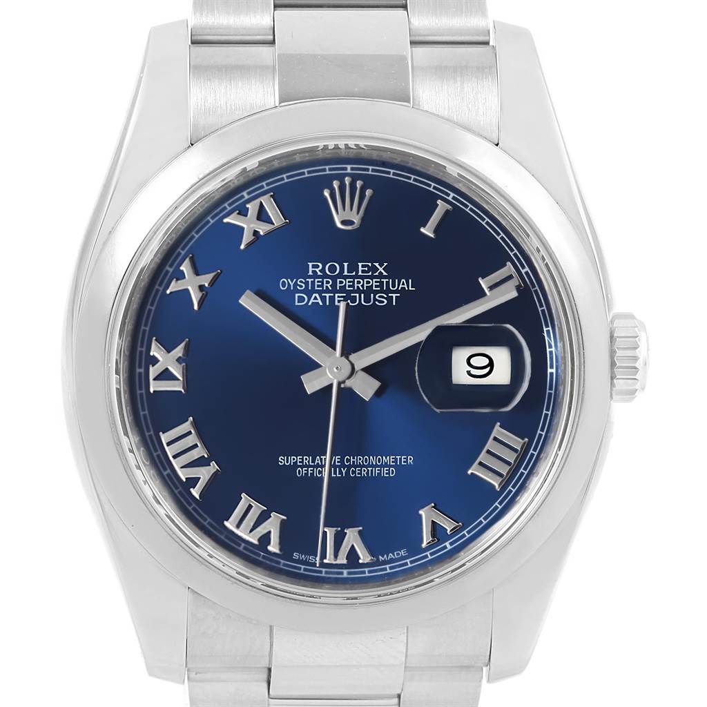 This image shows a close-up of the face and upper bracelet of a Rolex Datejust 116200 Men's Stainless Steel Blue Dial 116200 Men's Stainless Steel Blue Dial watch, highlighting the blue dial and date window.