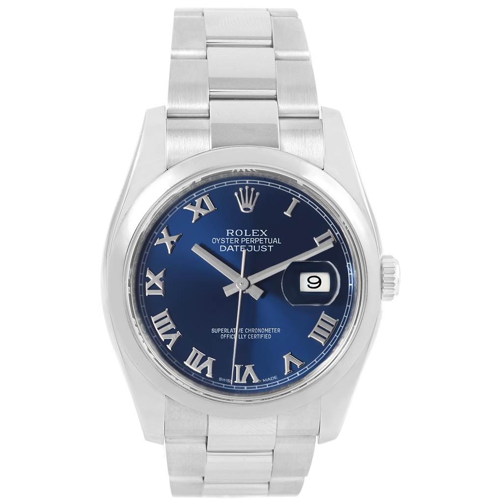 This image shows a frontal view of a Rolex Datejust 116200 Men's Stainless Steel Blue Dial 116200 Men's Stainless Steel Blue Dial, featuring a blue dial, silver bracelet, and visible date complication.