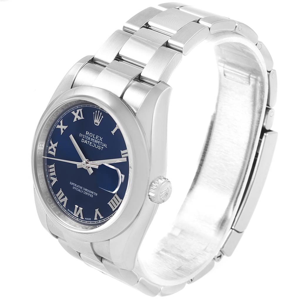The Rolex Datejust 116200 Men's Stainless Steel Blue Dial 116200 Men's Stainless Steel Blue Dial watch is shown at an angle displaying the face, crown, and bracelet.