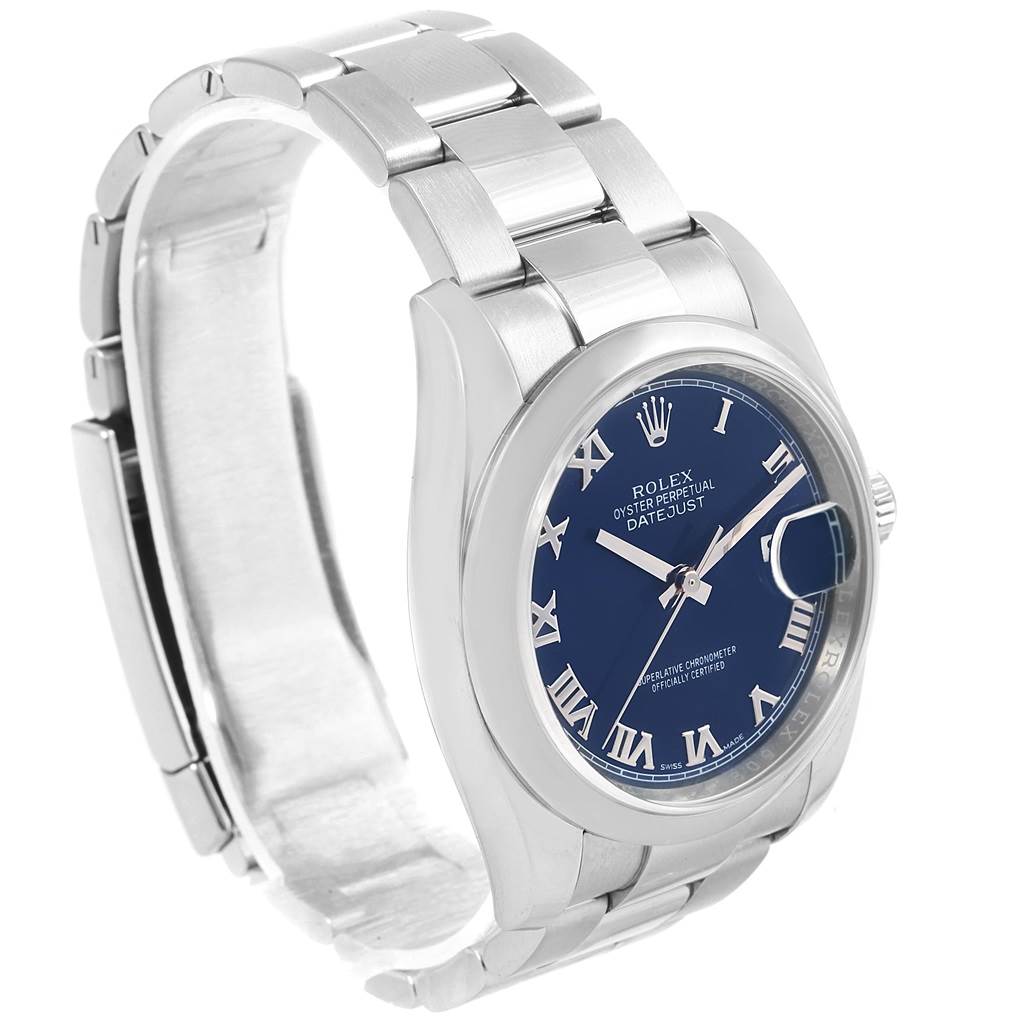 The image shows a Rolex Datejust 116200 Men's Stainless Steel Blue Dial 116200 Men's Stainless Steel Blue Dial watch angled to display the face, bezel, and partial bracelet.