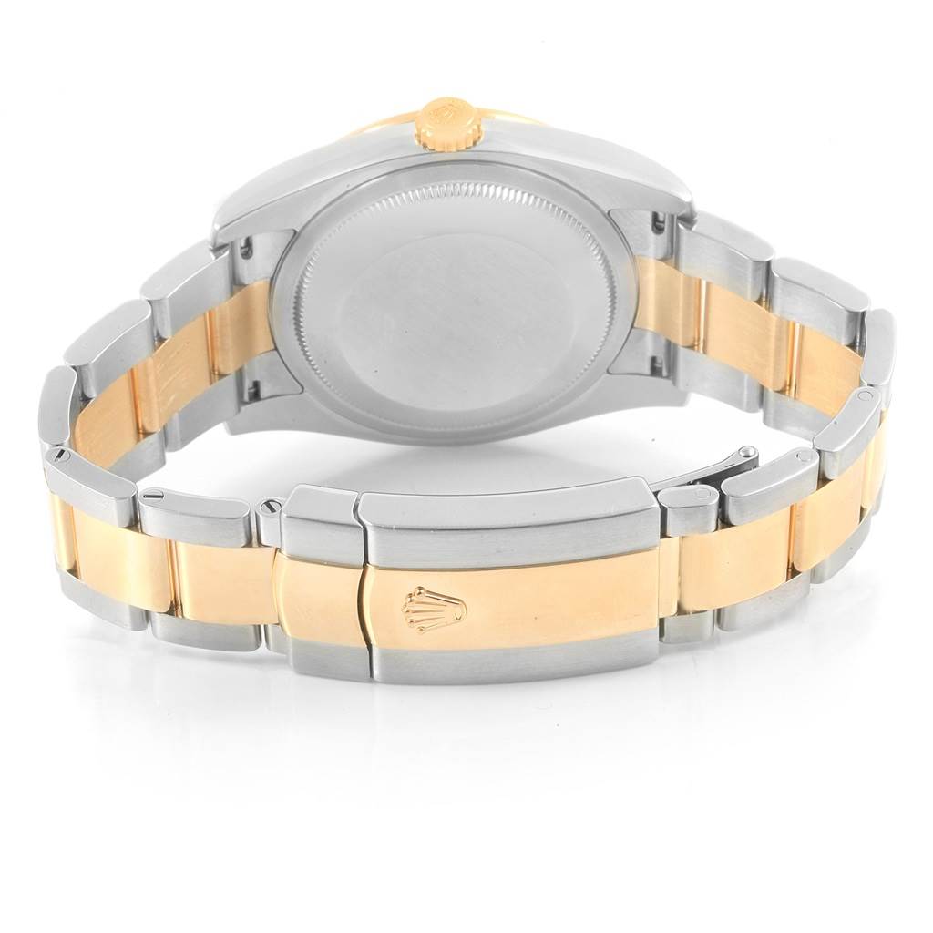 The image shows the back view of a Rolex Datejust 116243 Men's Stainless Steel Mother of Pearl Dial 116243 Men's Stainless Steel Mother of Pearl Dial watch, highlighting the clasp, bracelet, and case back.