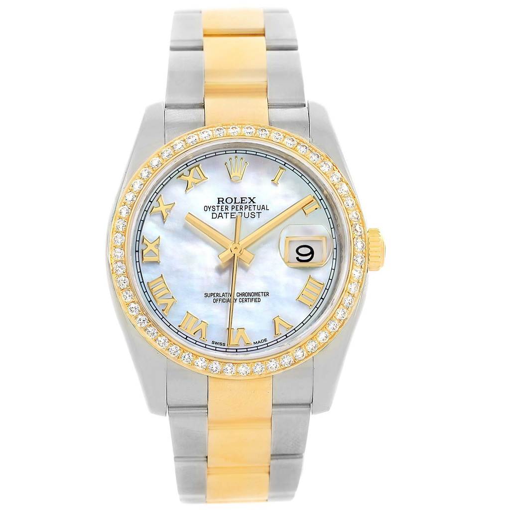 This is a front view of a Rolex Datejust 116243 Men's Stainless Steel Mother of Pearl Dial 116243 Men's Stainless Steel Mother of Pearl Dial watch, showing the dial, bezel, hands, and a two-tone bracelet.