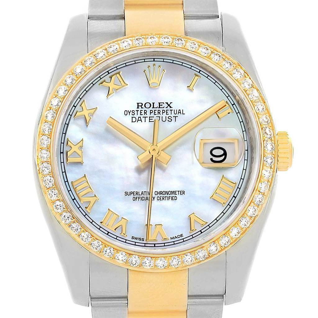 The Rolex Datejust 116243 Men's Stainless Steel Mother of Pearl Dial 116243 Men's Stainless Steel Mother of Pearl Dial watch is shown from a top-down angle, focusing on its dial, bezel, and part of the bracelet.