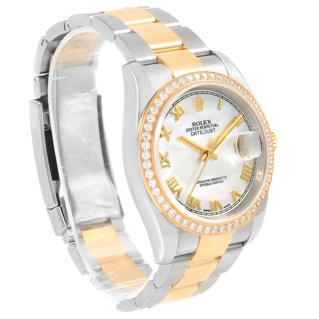 The Rolex Datejust 116243 Men's Stainless Steel Mother of Pearl Dial 116243 Men's Stainless Steel Mother of Pearl Dial watch is shown at an angled view, highlighting its two-tone bracelet, bezel, and face with Roman numerals and date window.