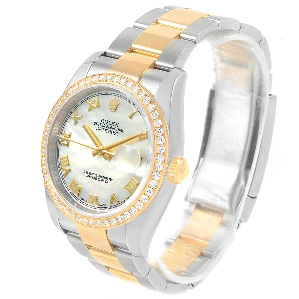 The Rolex Datejust 116243 Men's Stainless Steel Mother of Pearl Dial 116243 Men's Stainless Steel Mother of Pearl Dial watch is shown from an angled front view highlighting the face, bezel, and part of the bracelet.
