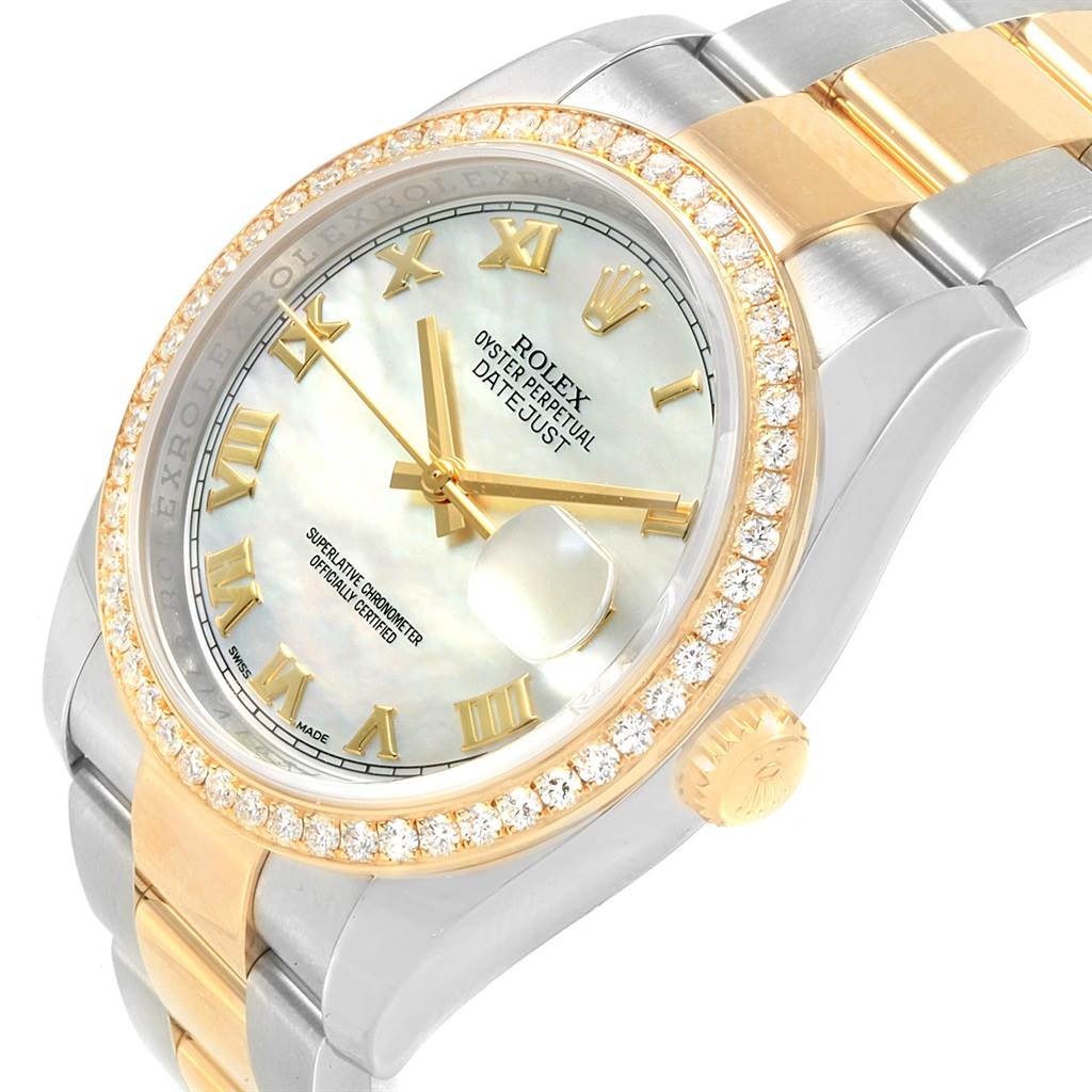 The Rolex Datejust 116243 Men's Stainless Steel Mother of Pearl Dial 116243 Men's Stainless Steel Mother of Pearl Dial watch is shown at a tilted angle highlighting the dial, bezel, and part of the strap.