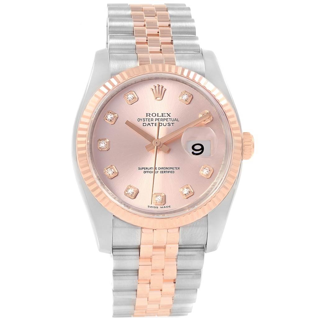 This Rolex Datejust 116231 Steel and Gold (two tone) Pink Dial 116231 Steel and Gold (two tone) Pink Dial watch is shown from the front, highlighting its rose gold dial, diamond hour markers, and two-tone bracelet.