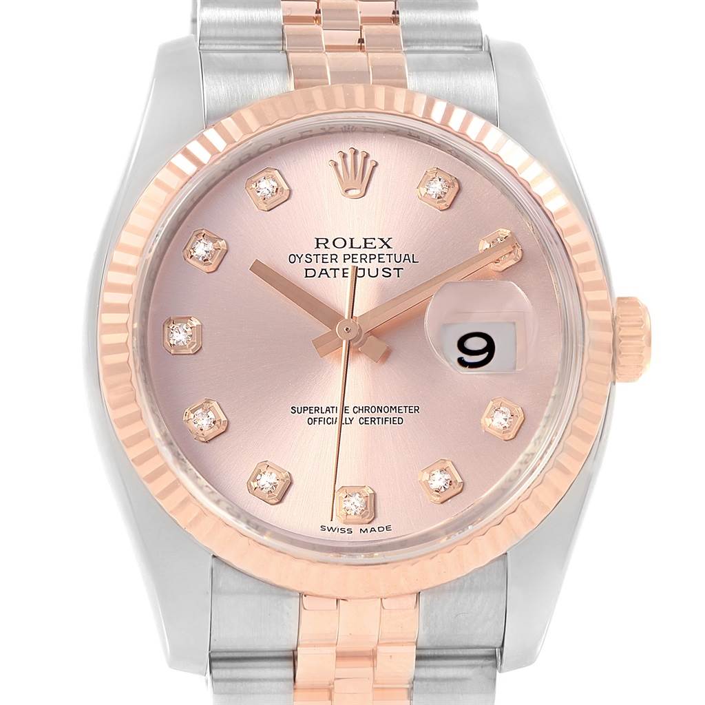 This image shows a front view of the Rolex Datejust 116231 Steel and Gold (two tone) Pink Dial 116231 Steel and Gold (two tone) Pink Dial, highlighting its dial, bezel, hands, date window, and part of the bracelet.