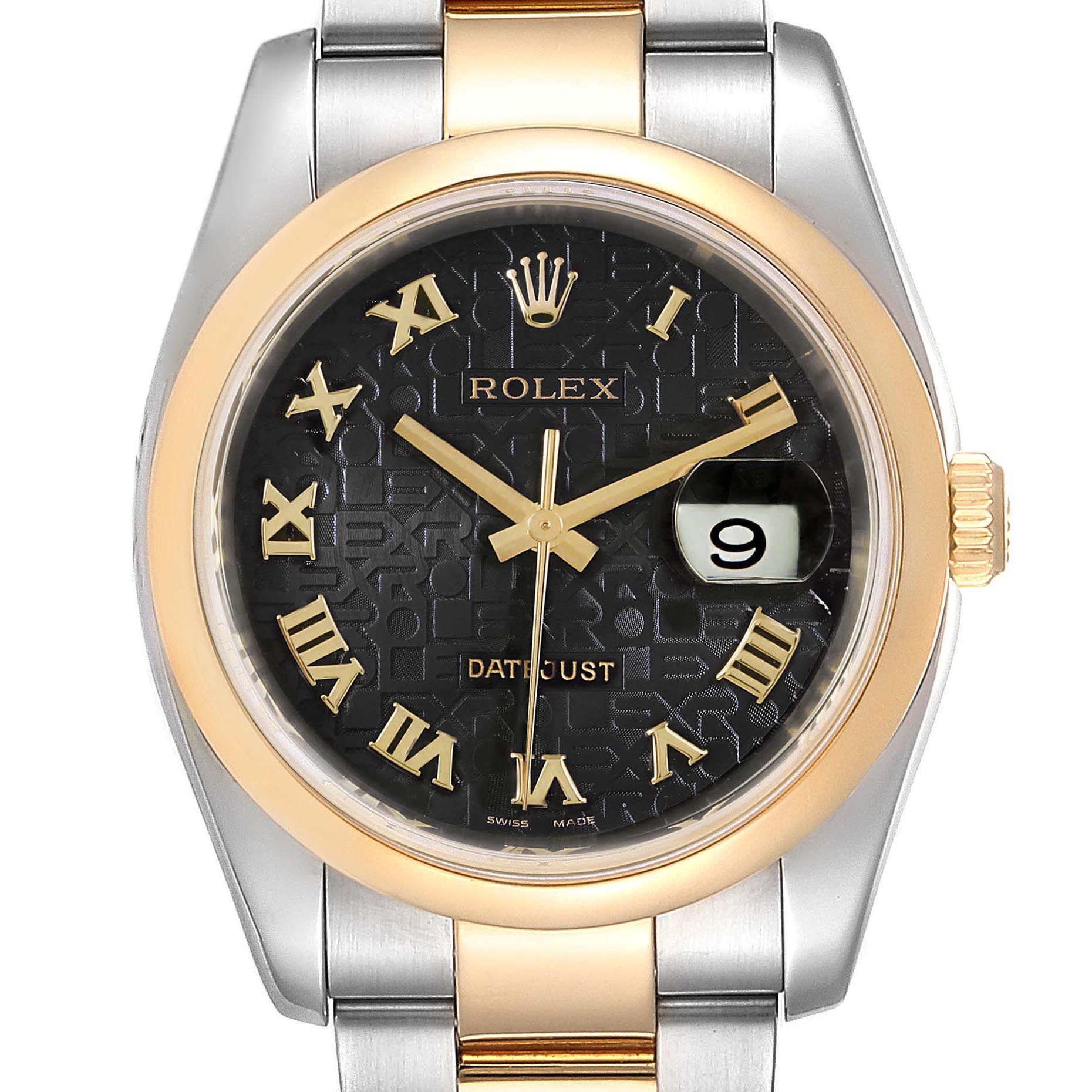 This image shows a front view of a Rolex Datejust 116203 Men's Steel and Gold (two tone) Black Dial 116203 Men's Steel and Gold (two tone) Black Dial watch, highlighting its black dial, Roman numerals, and a gold bezel.