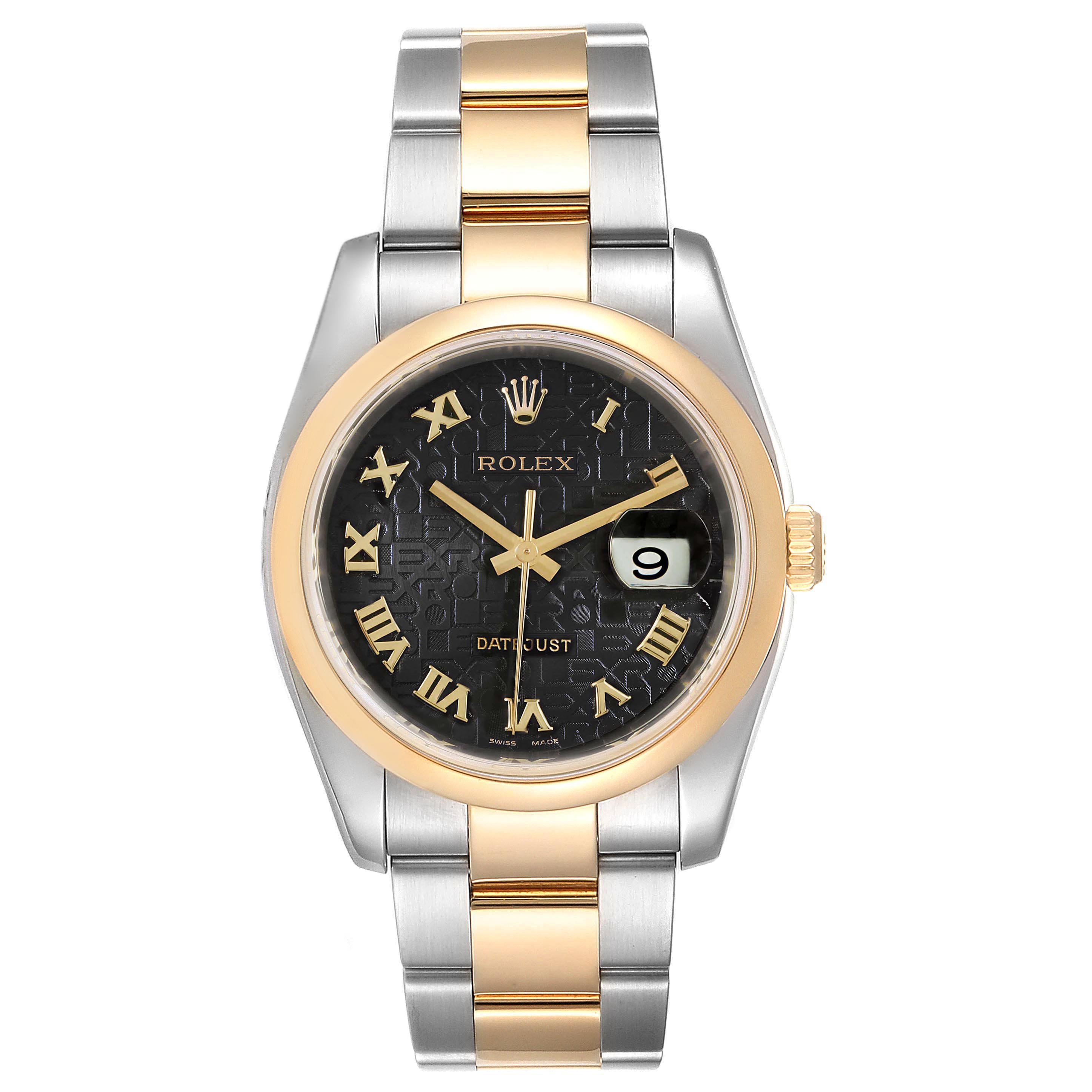 The image shows a front view of a Rolex Datejust 116203 Men's Steel and Gold (two tone) Black Dial 116203 Men's Steel and Gold (two tone) Black Dial watch, highlighting its face, bezel, and bracelet.