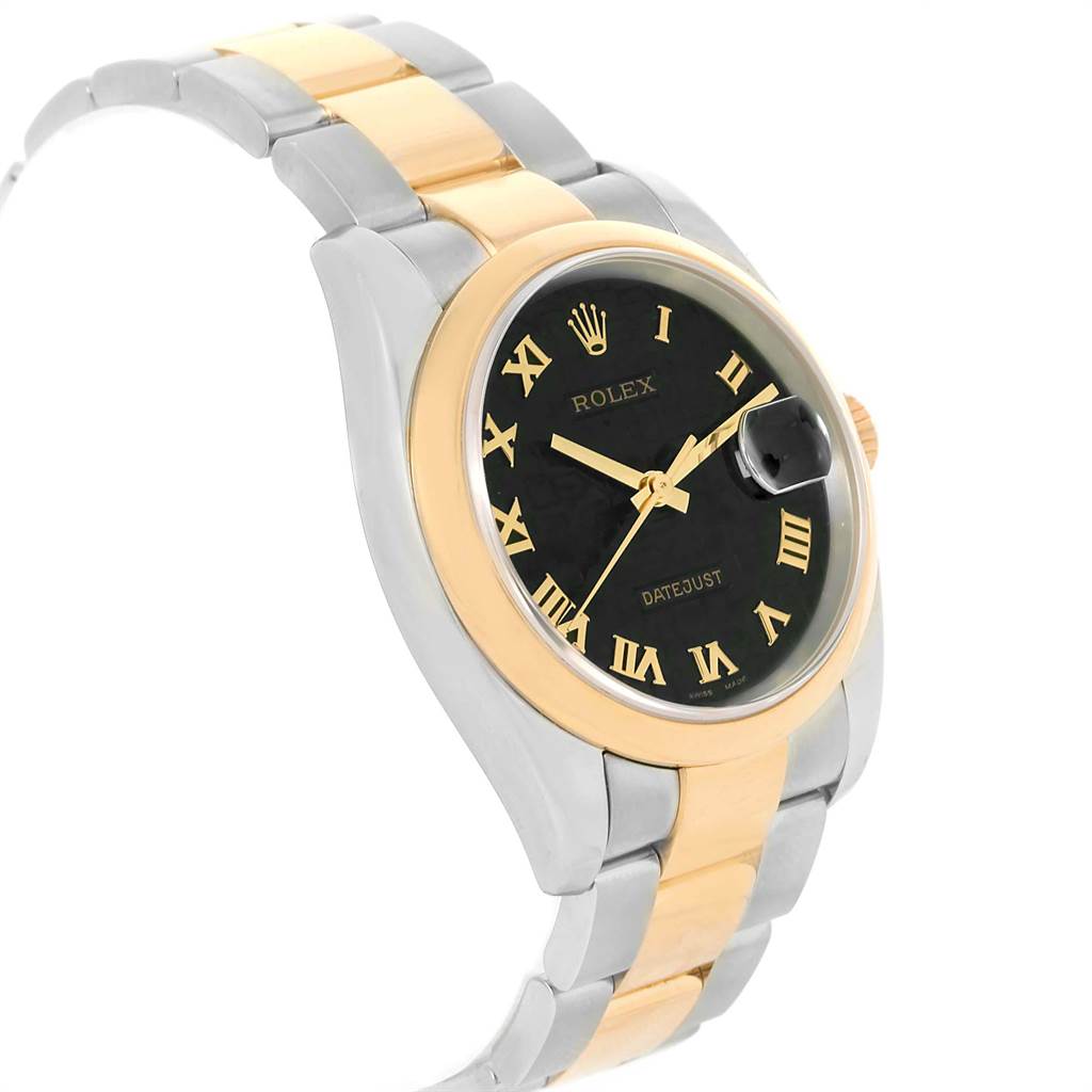This image shows a side angle of a Rolex Datejust 116203 Men's Steel and Gold (two tone) Black Dial 116203 Men's Steel and Gold (two tone) Black Dial watch, displaying the case, black dial, gold bezel, and two-tone bracelet.