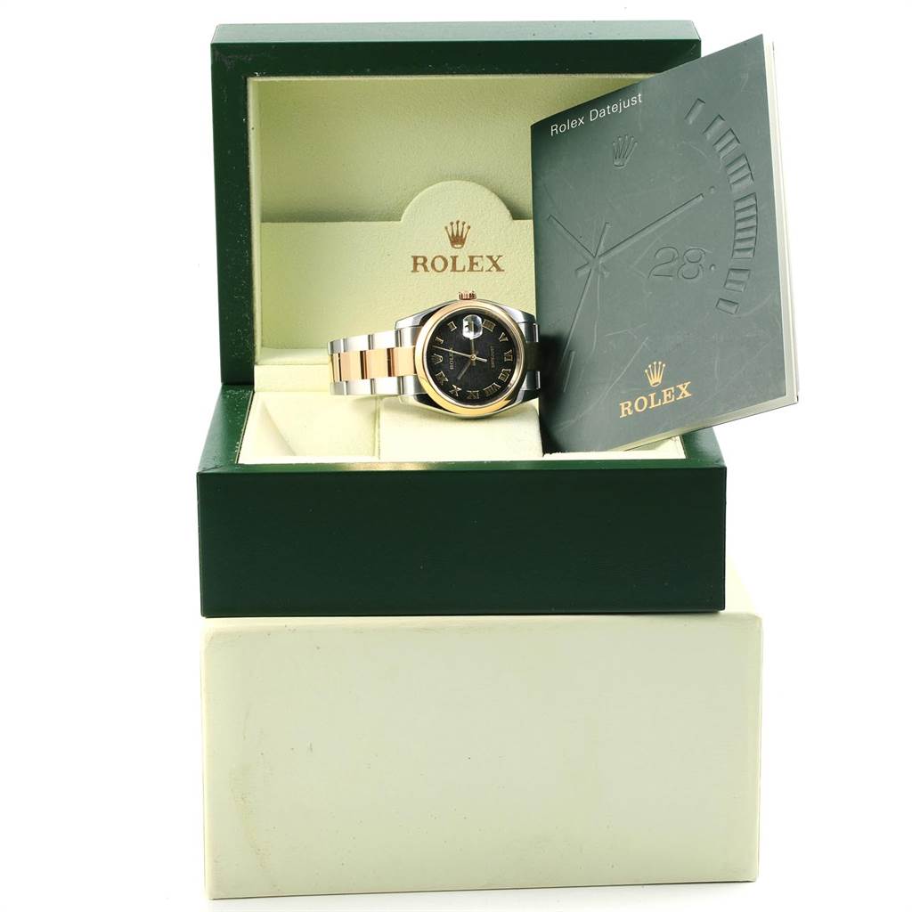 The image shows a Rolex Datejust 116203 Men's Steel and Gold (two tone) Black Dial 116203 Men's Steel and Gold (two tone) Black Dial watch in its box, with the booklet placed on the side.