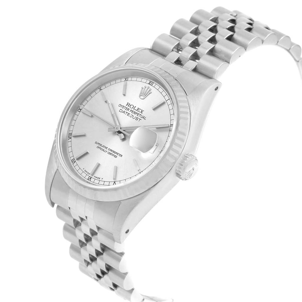 The image shows a Rolex Datejust 16234 Men's Stainless Steel Silver Dial 16234 Men's Stainless Steel Silver Dial watch angled from the top right, prominently displaying its face, case, and bracelet.