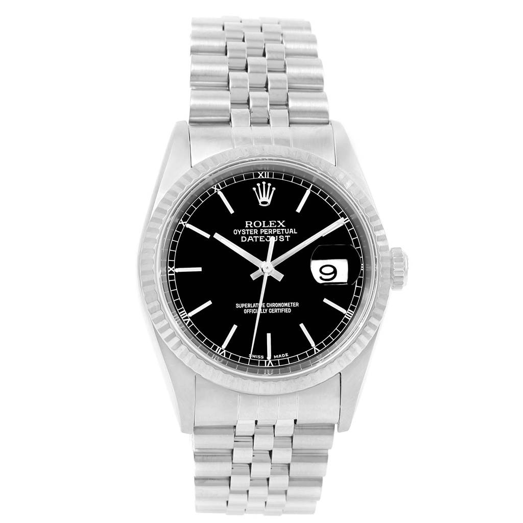 This image shows a front view of the Rolex Datejust 16234 Men's Stainless Steel Black Dial 16234 Men's Stainless Steel Black Dial watch highlighting its black dial, jubilee bracelet, fluted bezel, and date window.