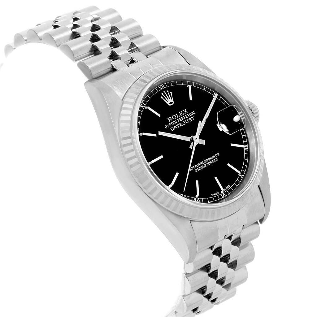 The image shows a Rolex Datejust 16234 Men's Stainless Steel Black Dial 16234 Men's Stainless Steel Black Dial watch at a slight angle, displaying the face, bezel, case, and part of the bracelet.