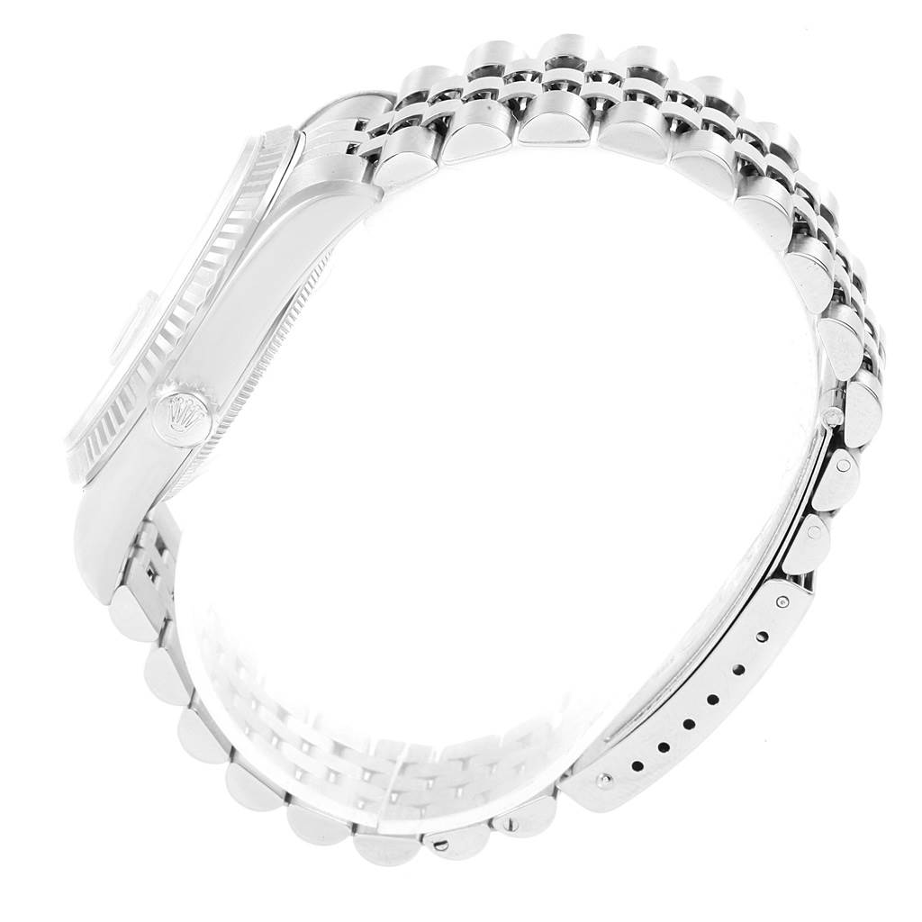 This image shows a side view of the Rolex Datejust 16234 Men's Stainless Steel Black Dial 16234 Men's Stainless Steel Black Dial watch, highlighting its bracelet and case.