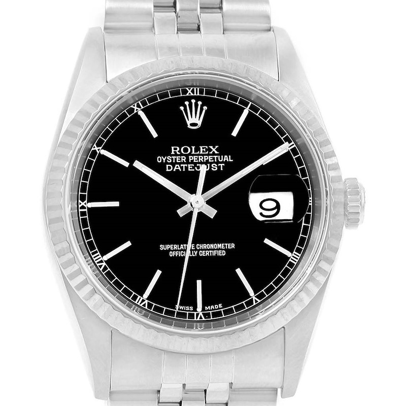 Rolex Datejust Steel White Gold Black Dial Mens Watch 16234 SwissWatchExpo