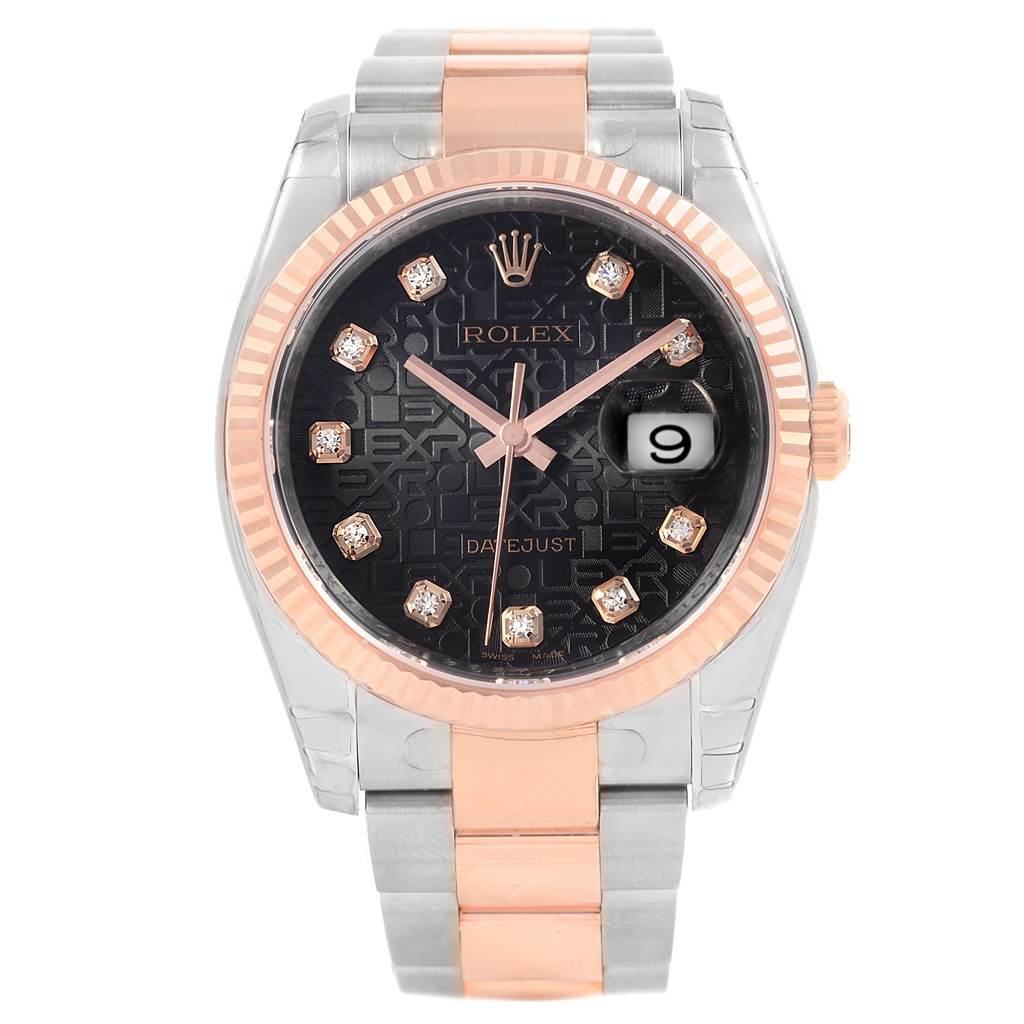 This Rolex Datejust 116231 Men's Steel and Gold (two tone) Black Dial 116231 Men's Steel and Gold (two tone) Black Dial watch is shown from a front angle, highlighting its face, bezel, and part of the bracelet.