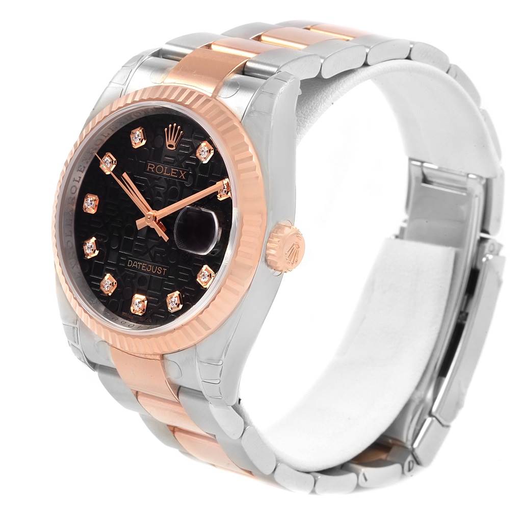 The image shows a Rolex Datejust 116231 Men's Steel and Gold (two tone) Black Dial 116231 Men's Steel and Gold (two tone) Black Dial watch at a three-quarter angle, highlighting its two-tone bracelet, black dial, and diamond markers.
