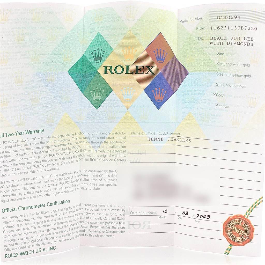 The image shows a warranty card and certificate for a Rolex Datejust 116231 Men's Steel and Gold (two tone) Black Dial 116231 Men's Steel and Gold (two tone) Black Dial model watch, indicating purchase and authentication details.