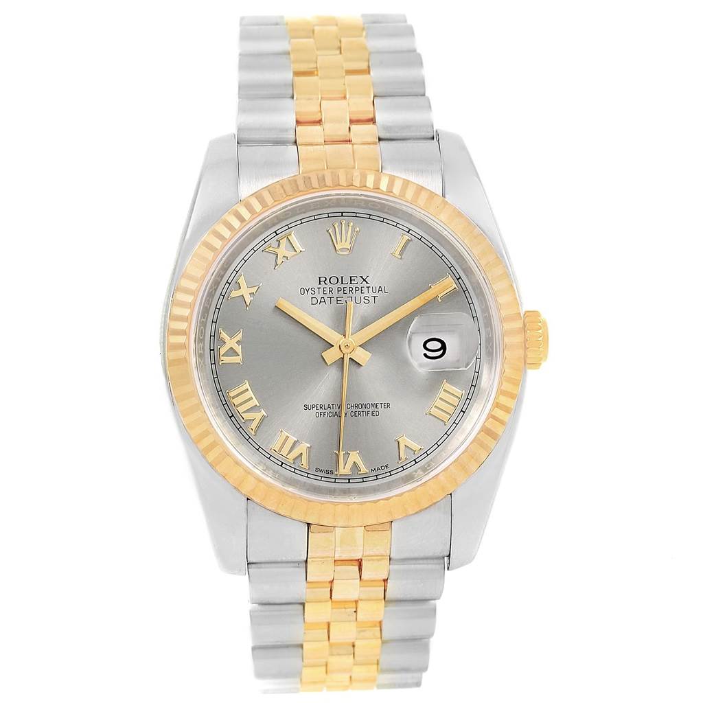 This image shows a frontal view of the Rolex Datejust 116233 Men's Stainless Steel Silver Dial 116233 Men's Stainless Steel Silver Dial watch, highlighting the face, bezel, and two-tone bracelet.