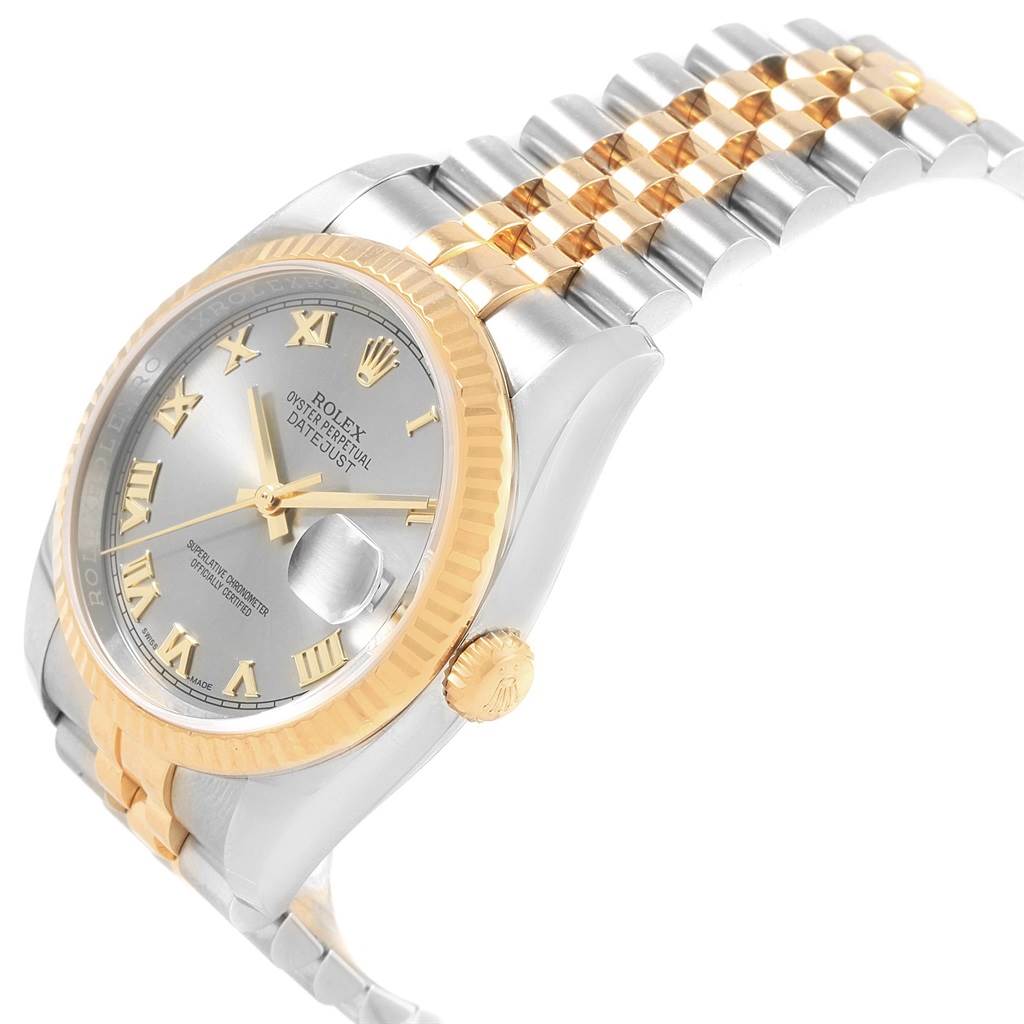 The image shows a Rolex Datejust 116233 Men's Stainless Steel Silver Dial 116233 Men's Stainless Steel Silver Dial watch at an oblique angle highlighting its face, fluted bezel, crown, and part of the bracelet.