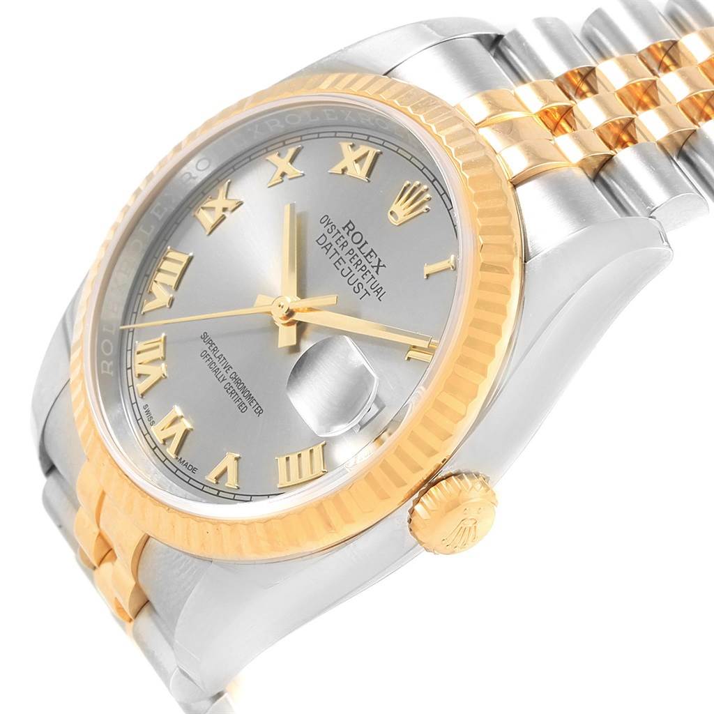 The image shows a side and partial front view of the Rolex Datejust 116233 Men's Stainless Steel Silver Dial 116233 Men's Stainless Steel Silver Dial watch, featuring the bezel, dial, and crown.