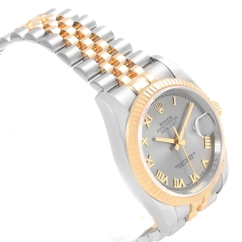 This image shows a Rolex Datejust 116233 Men's Stainless Steel Silver Dial 116233 Men's Stainless Steel Silver Dial watch from an angled side view, highlighting its two-tone bracelet, bezel, and dial.