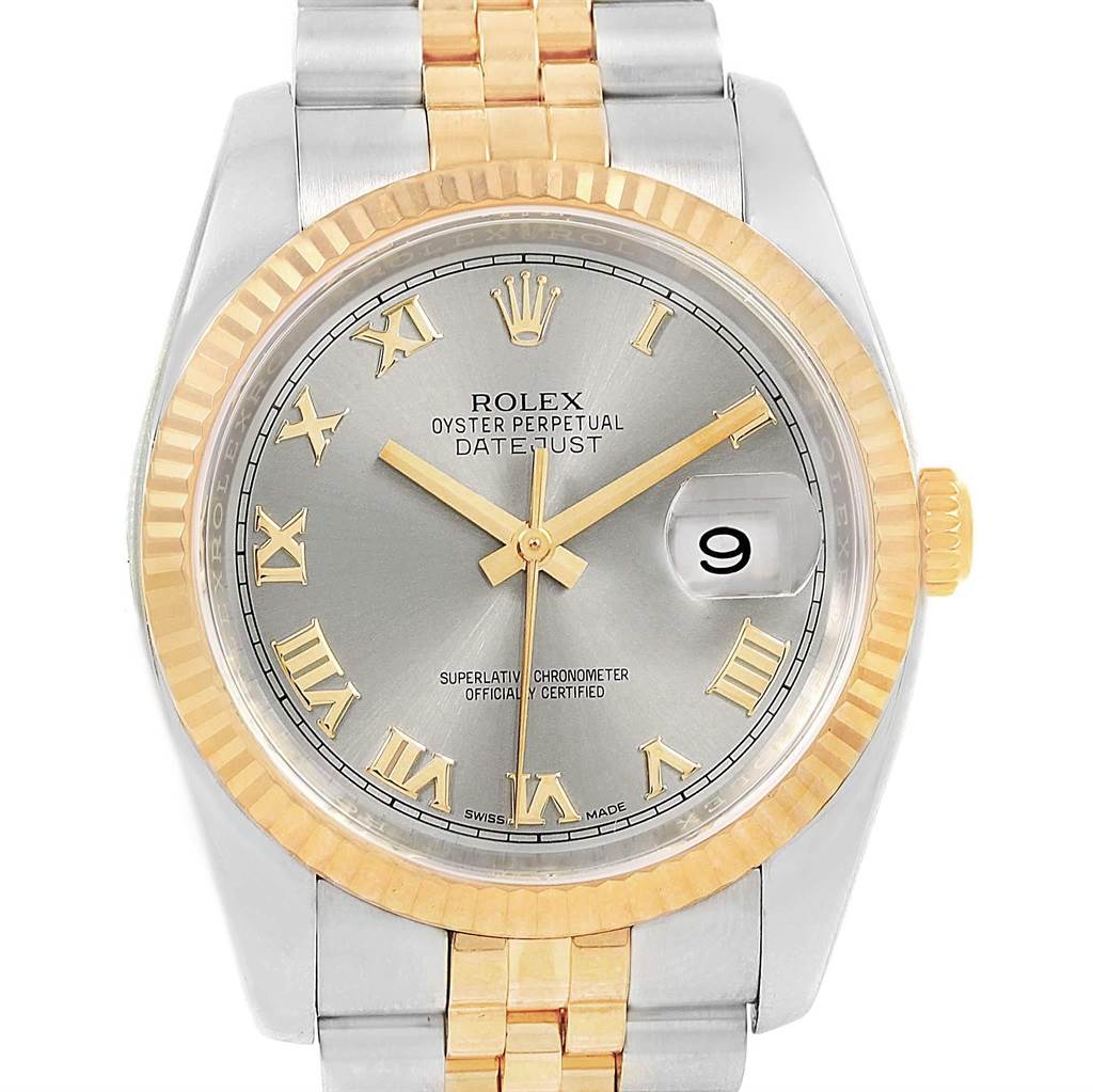 The image shows a frontal view of the Rolex Datejust 116233 Men's Stainless Steel Silver Dial 116233 Men's Stainless Steel Silver Dial, highlighting its dial, bezel, hands, and part of the bracelet.