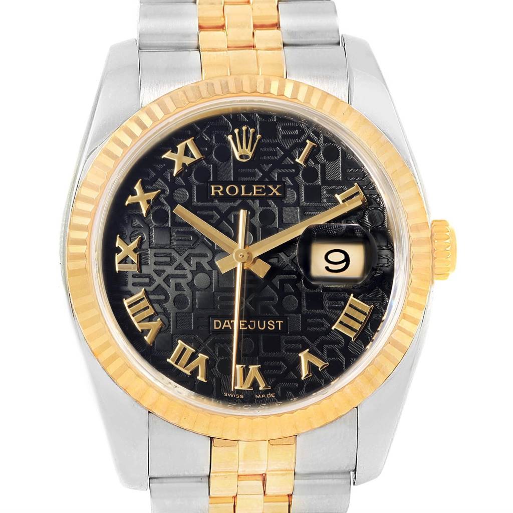 The image shows a frontal view of a Rolex Datejust 116233 Men's Stainless Steel Black Dial 116233 Men's Stainless Steel Black Dial watch, highlighting its black dial, Roman numerals, date display, and two-tone bracelet.