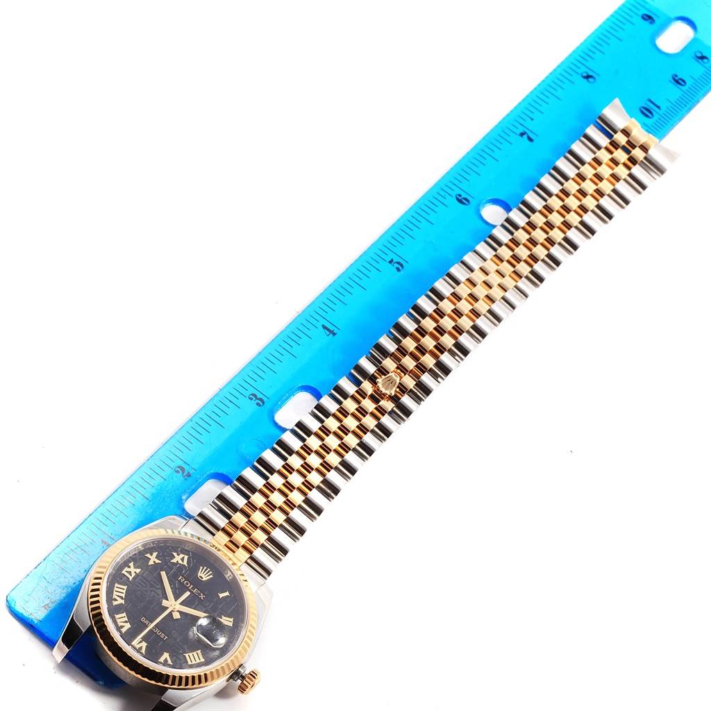 The image shows a top-down view of a Rolex Datejust 116233 Men's Stainless Steel Black Dial 116233 Men's Stainless Steel Black Dial watch, including the face, bezel, and bracelet, measured alongside a ruler.