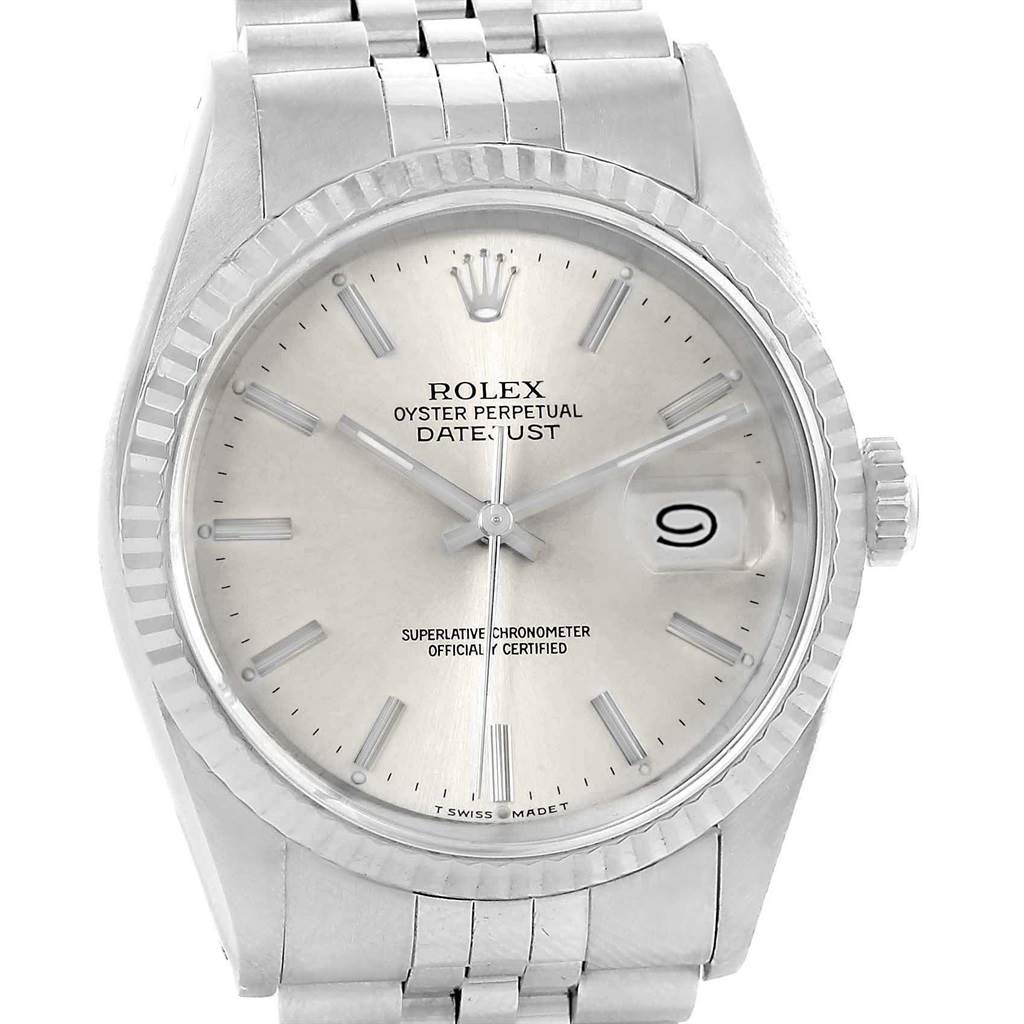The image shows a Rolex Datejust 16234 Men's Stainless Steel Silver Dial 16234 Men's Stainless Steel Silver Dial watch from a front angle, highlighting the dial, bezel, bracelet, and date window.