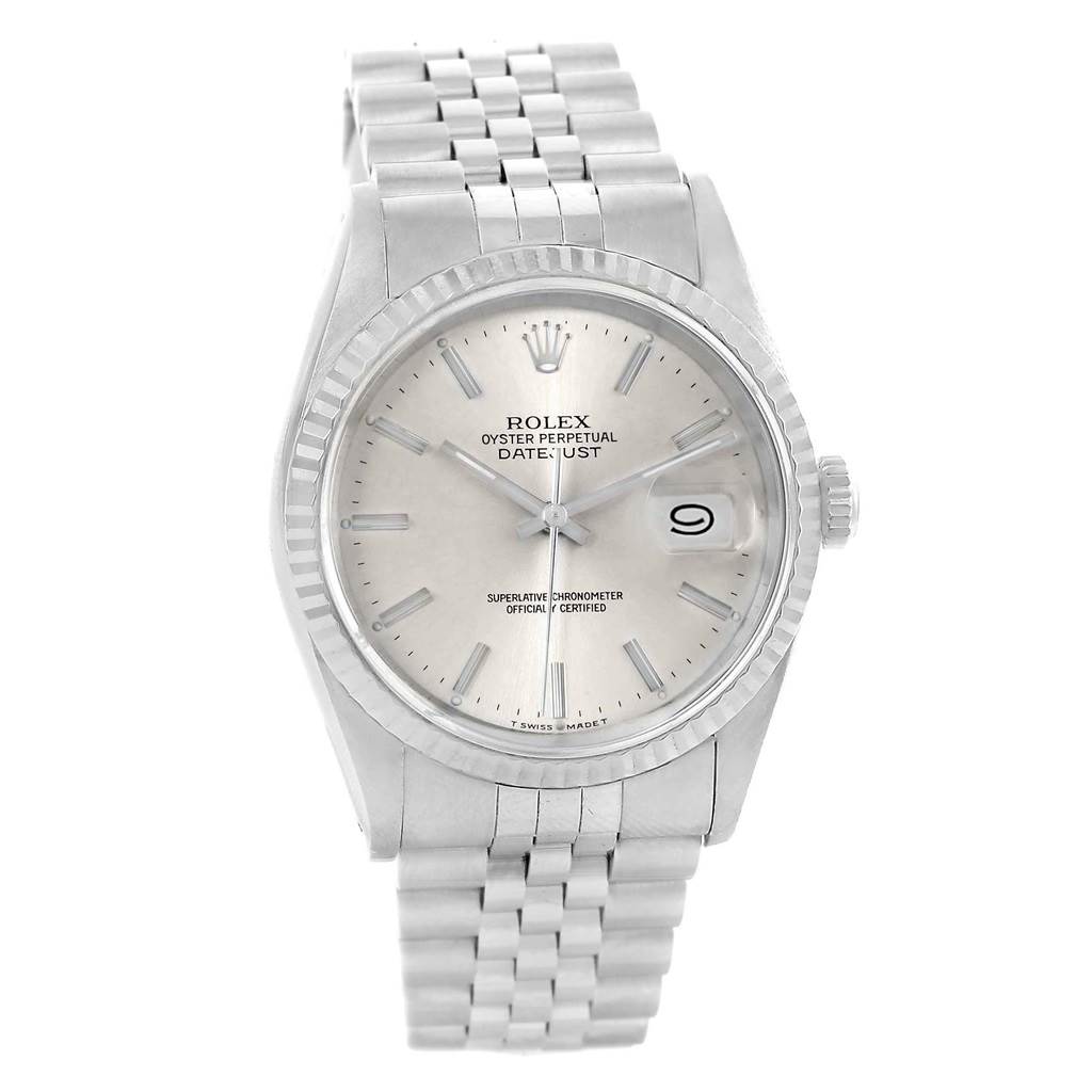 The Rolex Datejust 16234 Men's Stainless Steel Silver Dial 16234 Men's Stainless Steel Silver Dial watch is shown from a front angle, displaying the face, bezel, crown, and bracelet.