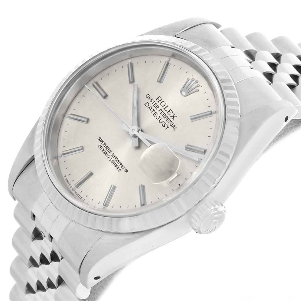 The image shows the dial, bezel, and crown of a Rolex Datejust 16234 Men's Stainless Steel Silver Dial 16234 Men's Stainless Steel Silver Dial watch, angled for a clear view of the face and bracelet.