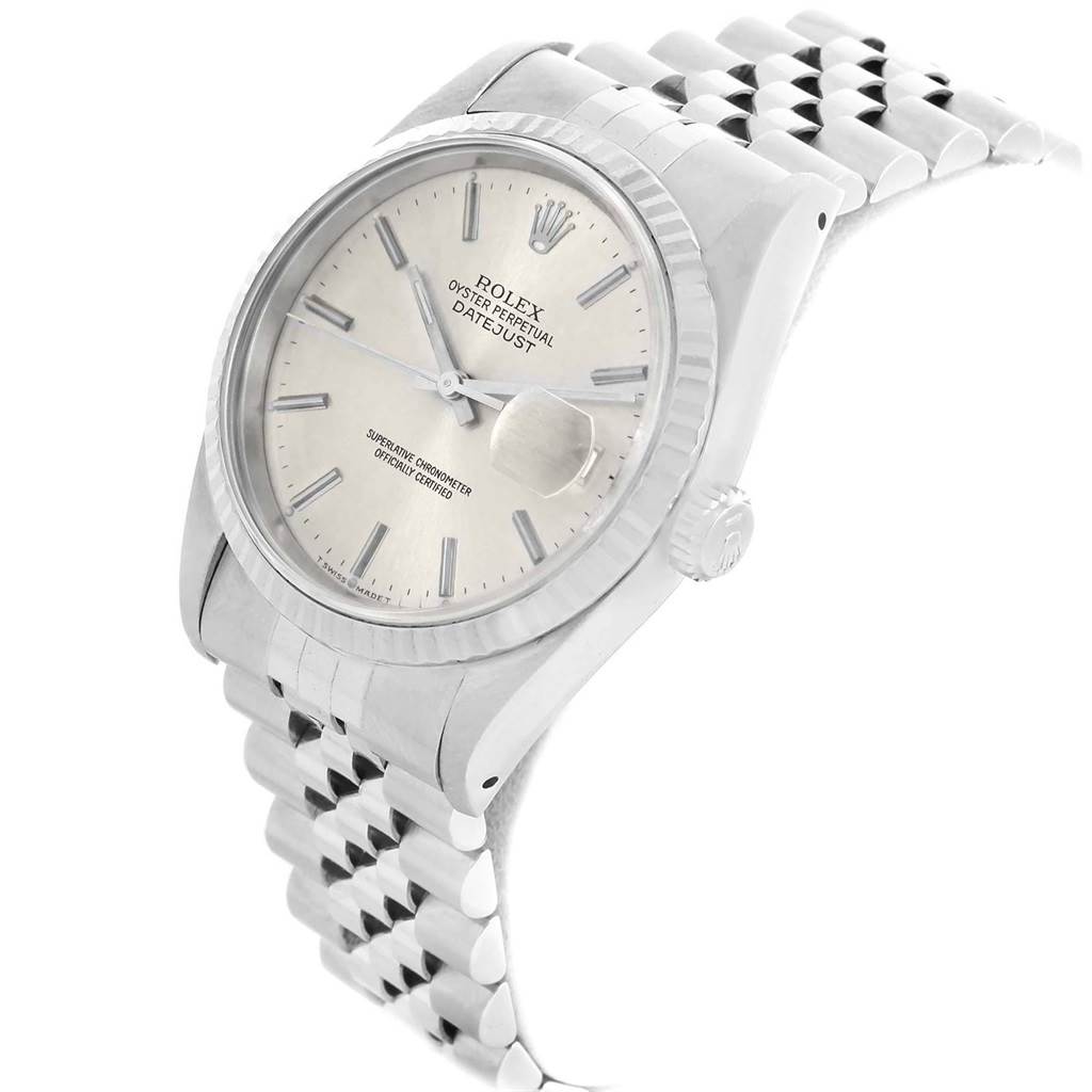 The Rolex Datejust 16234 Men's Stainless Steel Silver Dial 16234 Men's Stainless Steel Silver Dial watch is shown at an angled side view, highlighting the dial, bezel, crown, and bracelet.