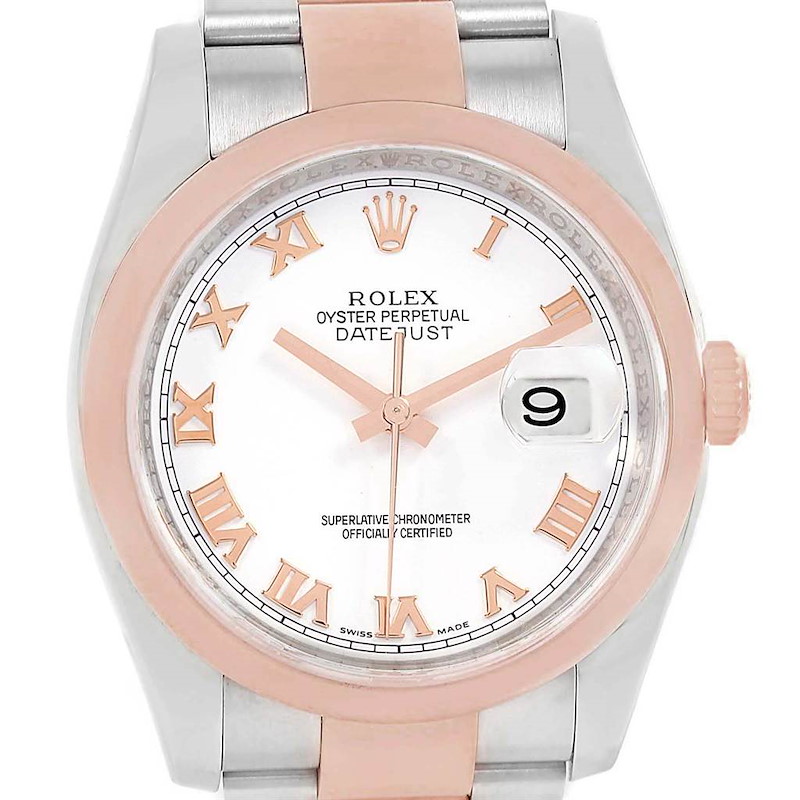 Rolex Datejust 36 Steel Rose Gold White Roman Dial Watch 116201 SwissWatchExpo