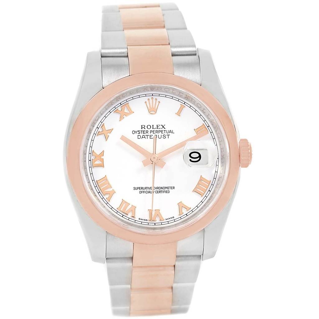 This Rolex Datejust 116201 Men's Steel and Gold (two tone) White Dial 116201 Men's Steel and Gold (two tone) White Dial watch is shown from a top-down angle, displaying the dial, bezel, bracelet, and crown.