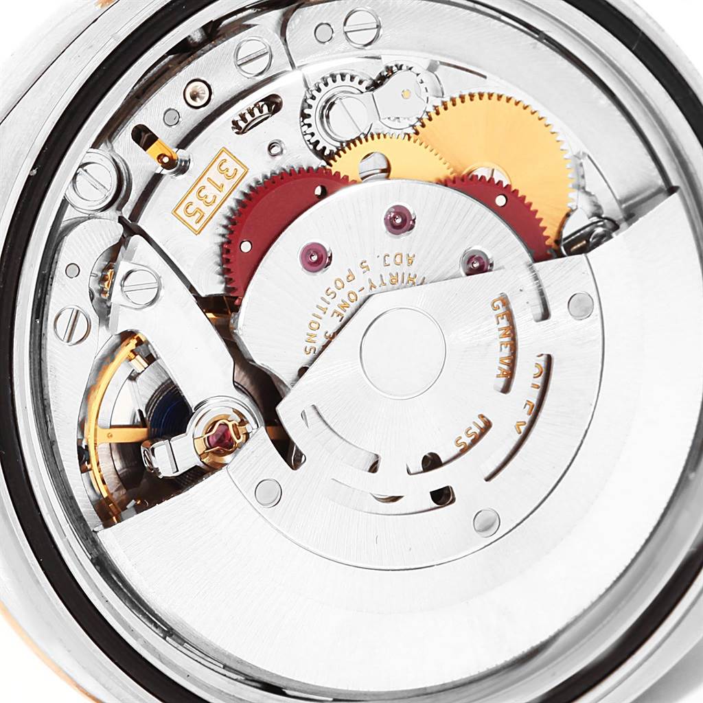 The image shows the internal mechanical movement of a Rolex Datejust 116201 Men's Steel and Gold (two tone) White Dial 116201 Men's Steel and Gold (two tone) White Dial watch from a close-up angle.