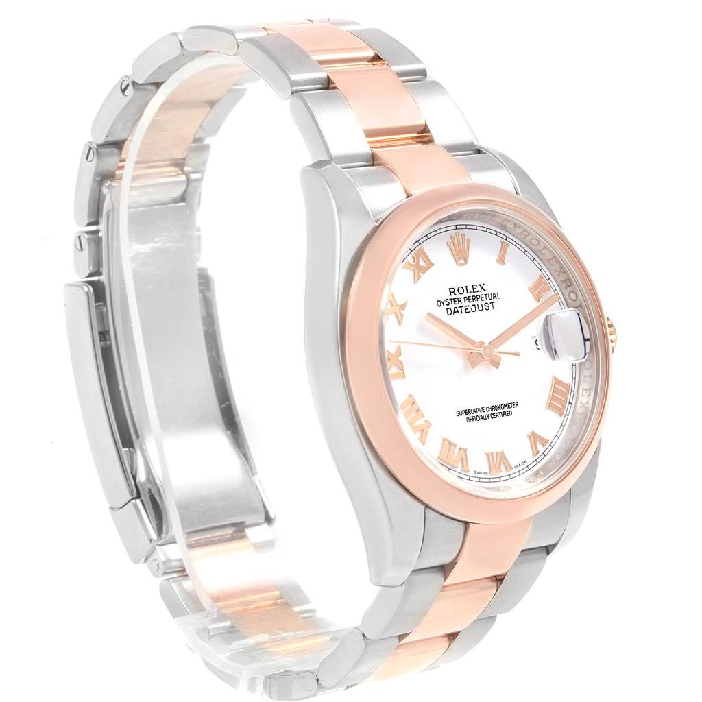 The image shows a side angle of the Rolex Datejust 116201 Men's Steel and Gold (two tone) White Dial 116201 Men's Steel and Gold (two tone) White Dial, highlighting its two-tone bracelet and face with Roman numerals.