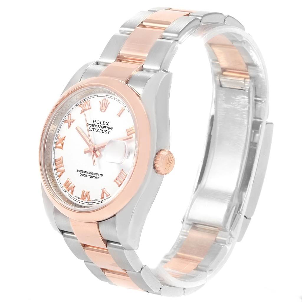 The Rolex Datejust 116201 Men's Steel and Gold (two tone) White Dial 116201 Men's Steel and Gold (two tone) White Dial watch is shown at a three-quarter angle, displaying its face, bezel, bracelet, and crown prominently.