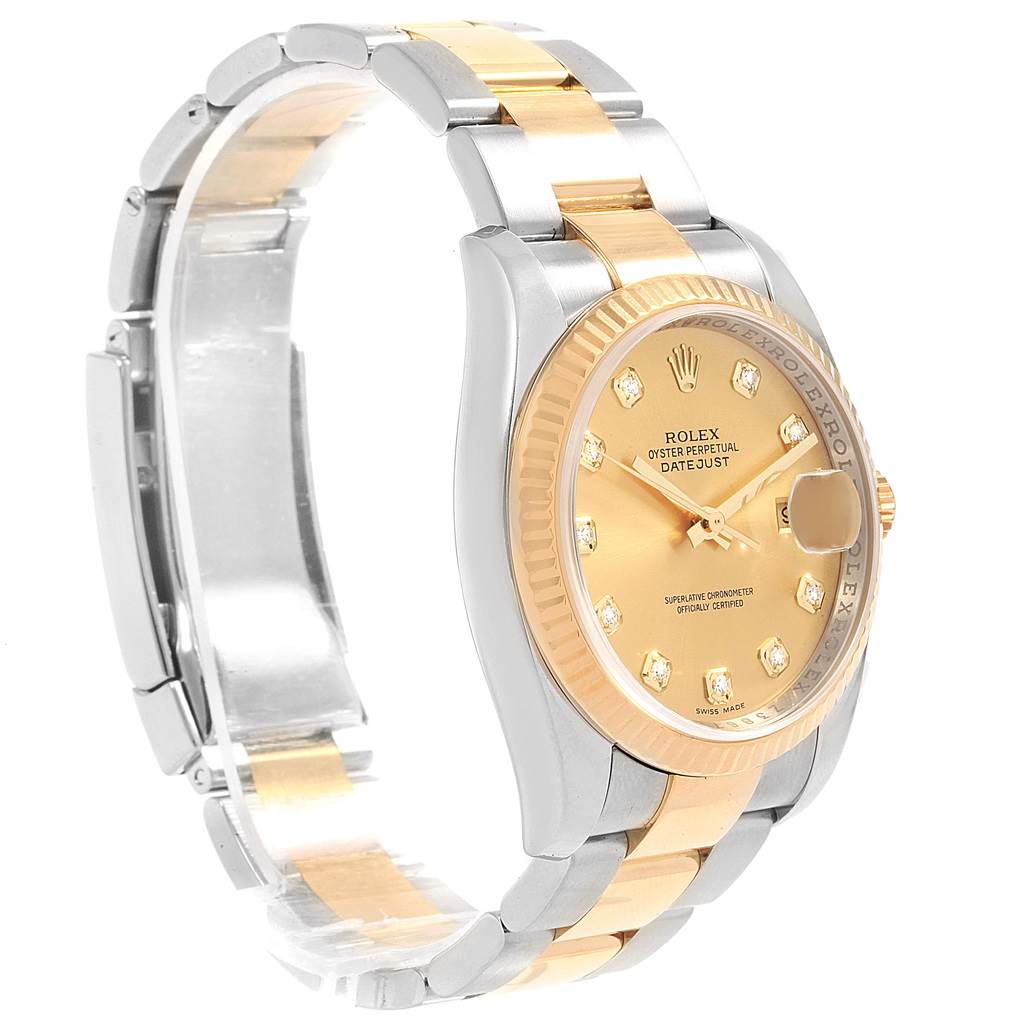 The image shows a Rolex Datejust 116233 Men's Stainless Steel Champagne Dial 116233 Men's Stainless Steel Champagne Dial watch angled to display the face, bezel, and part of the bracelet.