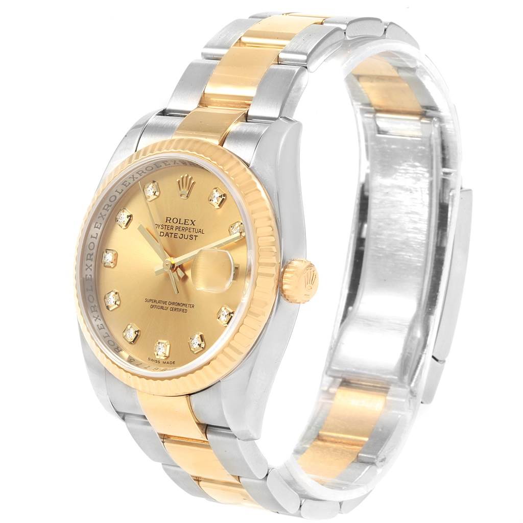The image shows a gold and silver Rolex Datejust 116233 Men's Stainless Steel Champagne Dial 116233 Men's Stainless Steel Champagne Dial watch from a front angle, highlighting the dial, bezel, and bracelet.