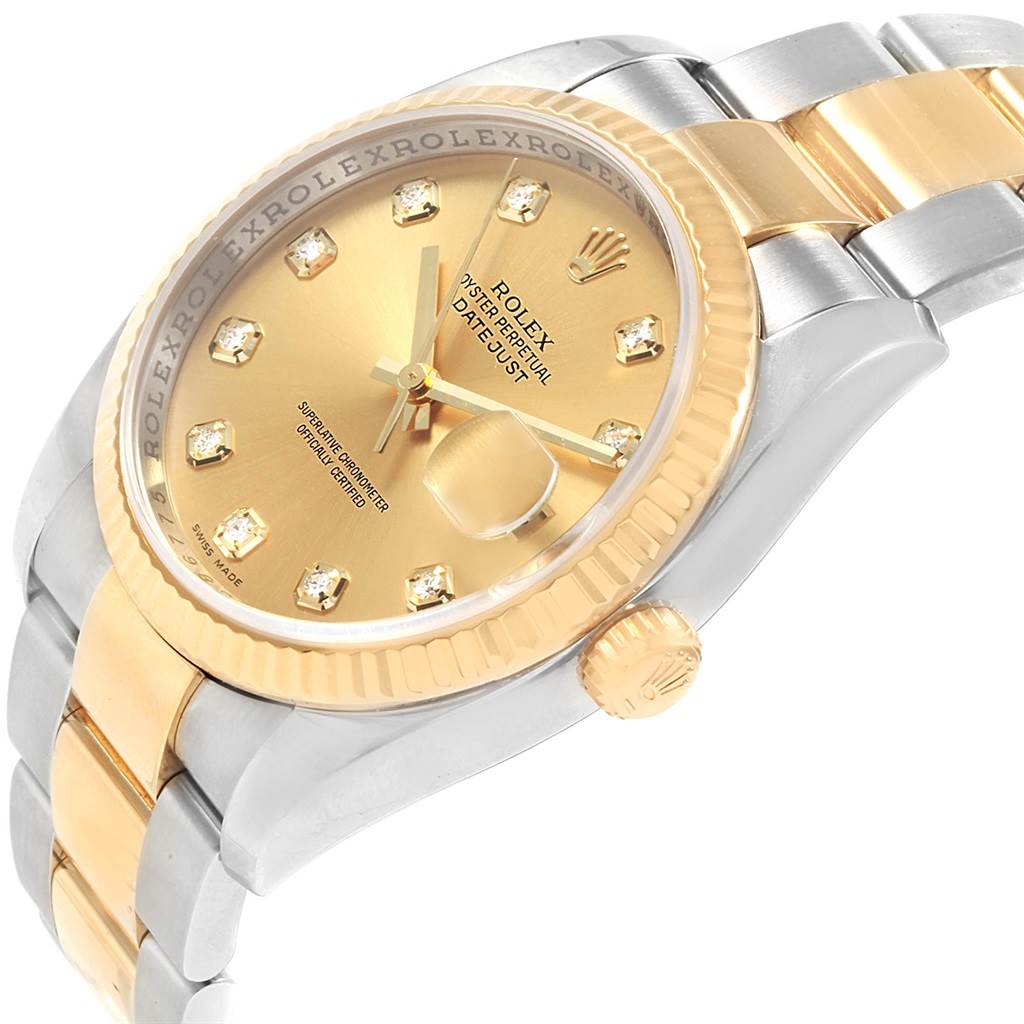 The image shows a close-up angle of the Rolex Datejust 116233 Men's Stainless Steel Champagne Dial 116233 Men's Stainless Steel Champagne Dial watch, highlighting the gold dial, bezel, crown, and part of the two-tone bracelet.