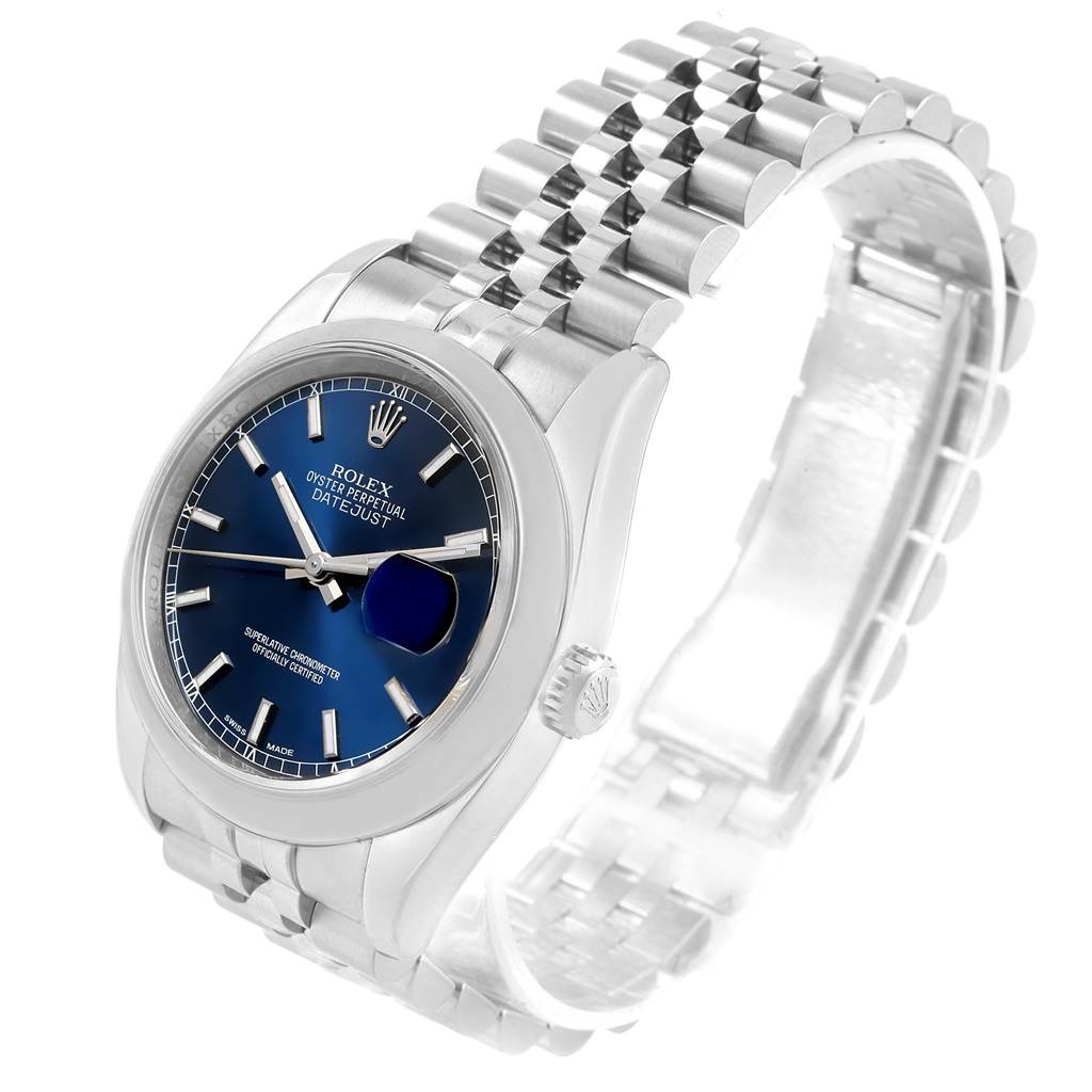The image shows a Rolex Datejust 116200 Men's Stainless Steel Blue Dial 116200 Men's Stainless Steel Blue Dial watch at an angled view, prominently displaying the blue dial and silver bracelet.